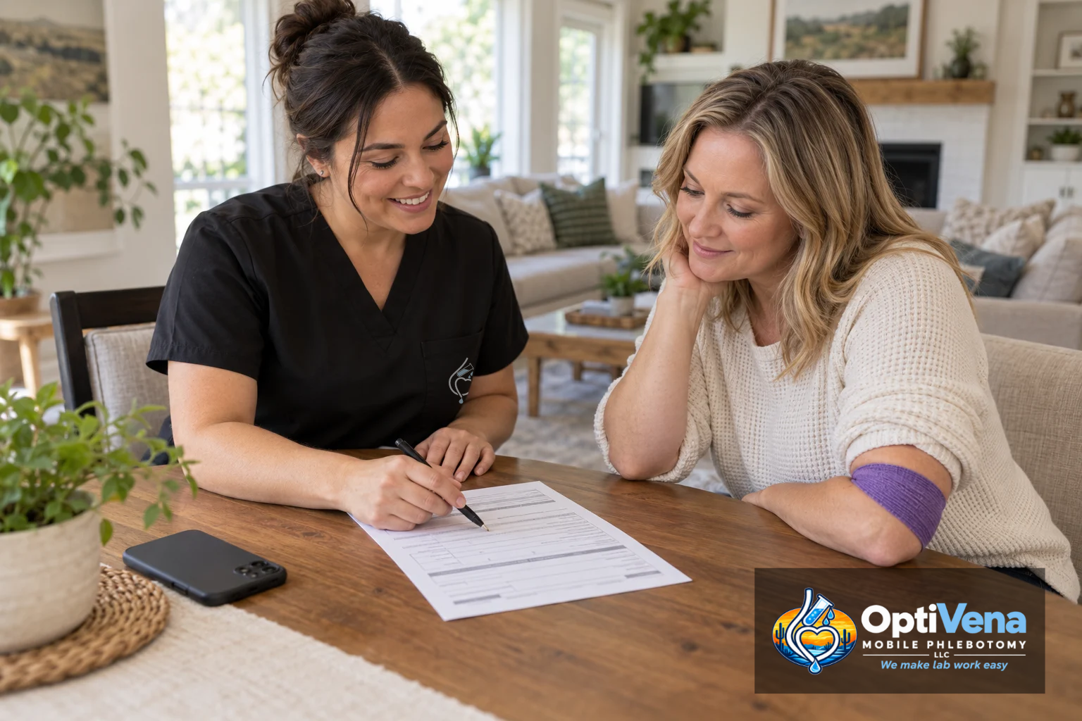 Standing order and lab requisition on a kitchen table next to a phone calendar before a recurring blood draw at home