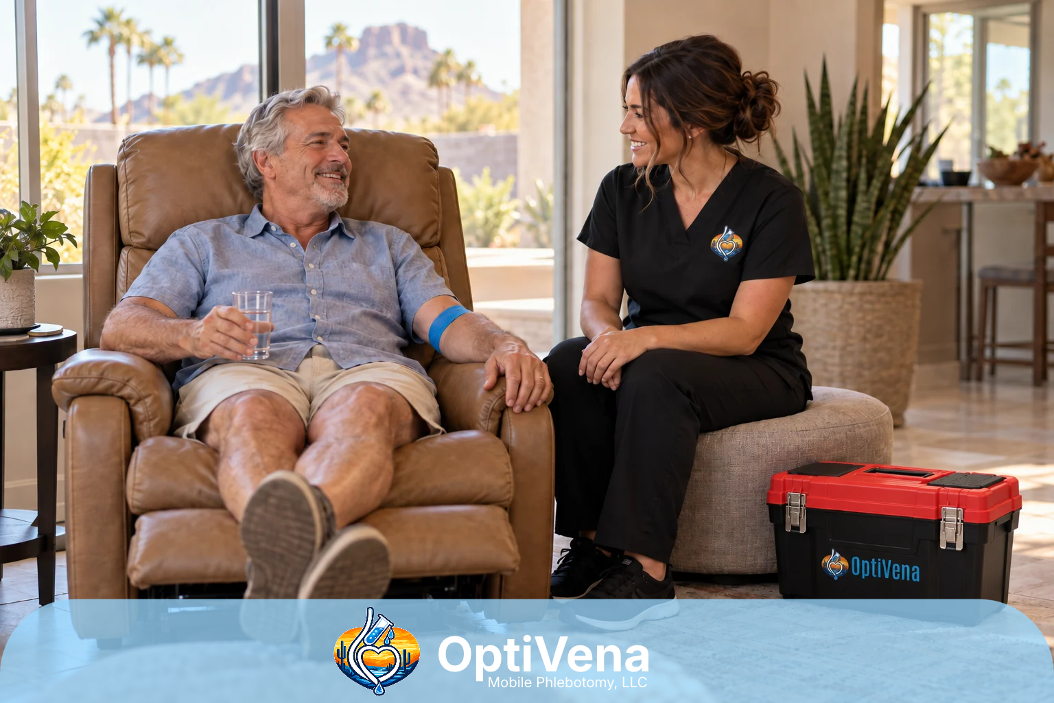 Tempe client resting after therapeutic phlebotomy at home