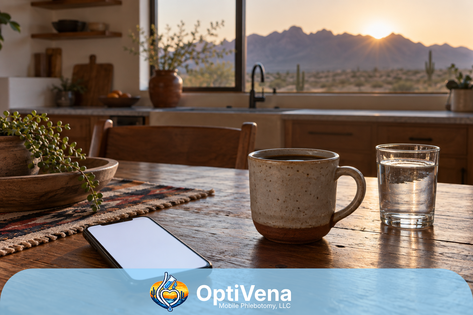 A fasting morning in an Ahwatukee kitchen with a telehealth lab order on a phone, ready for a draw