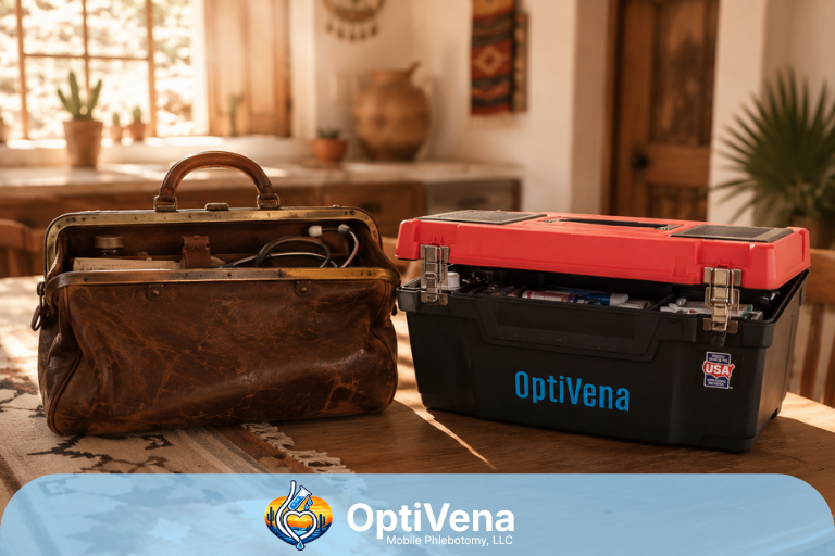 A vintage house-call doctor's bag beside a modern mobile phlebotomy kit