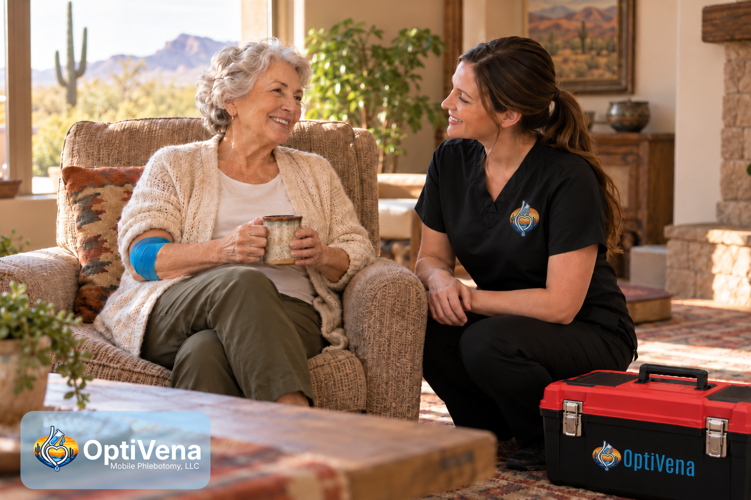 Client relaxing with a warm mug after a blood draw at home, with a beige wrap on her arm