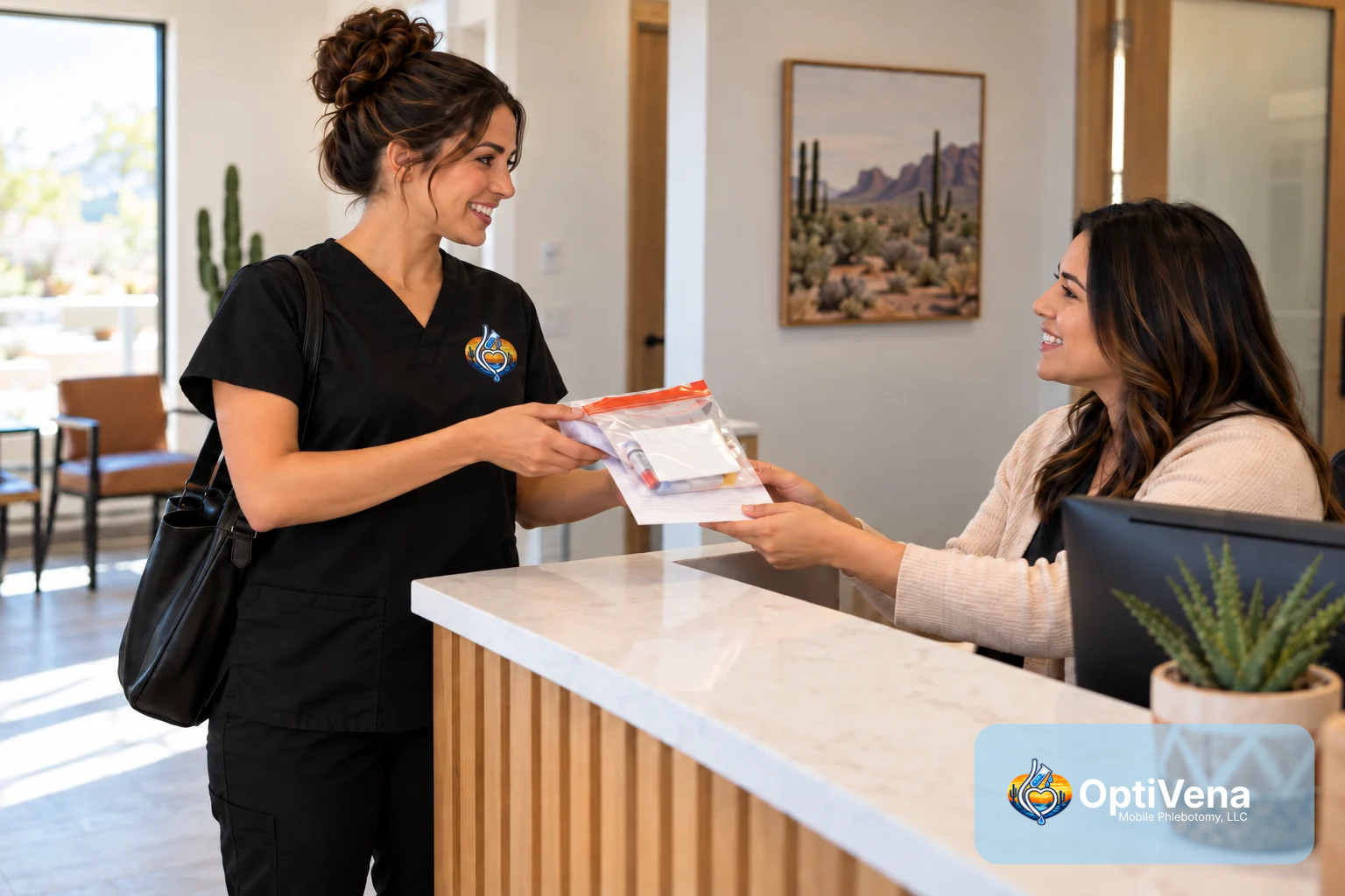 OptiVena certified phlebotomist coordinating a patient's mobile lab collection with a provider's office staff