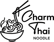 Black logo for Charm Thai Noodle with bowl of noodles and chopsticks