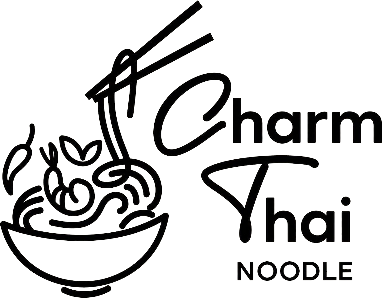 Black logo for Charm Thai Noodle with bowl of noodles and chopsticks