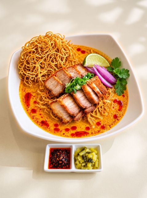Bowl of noodle soup with sliced pork, lime, herbs, pickled onions, and chili sauces on a white table