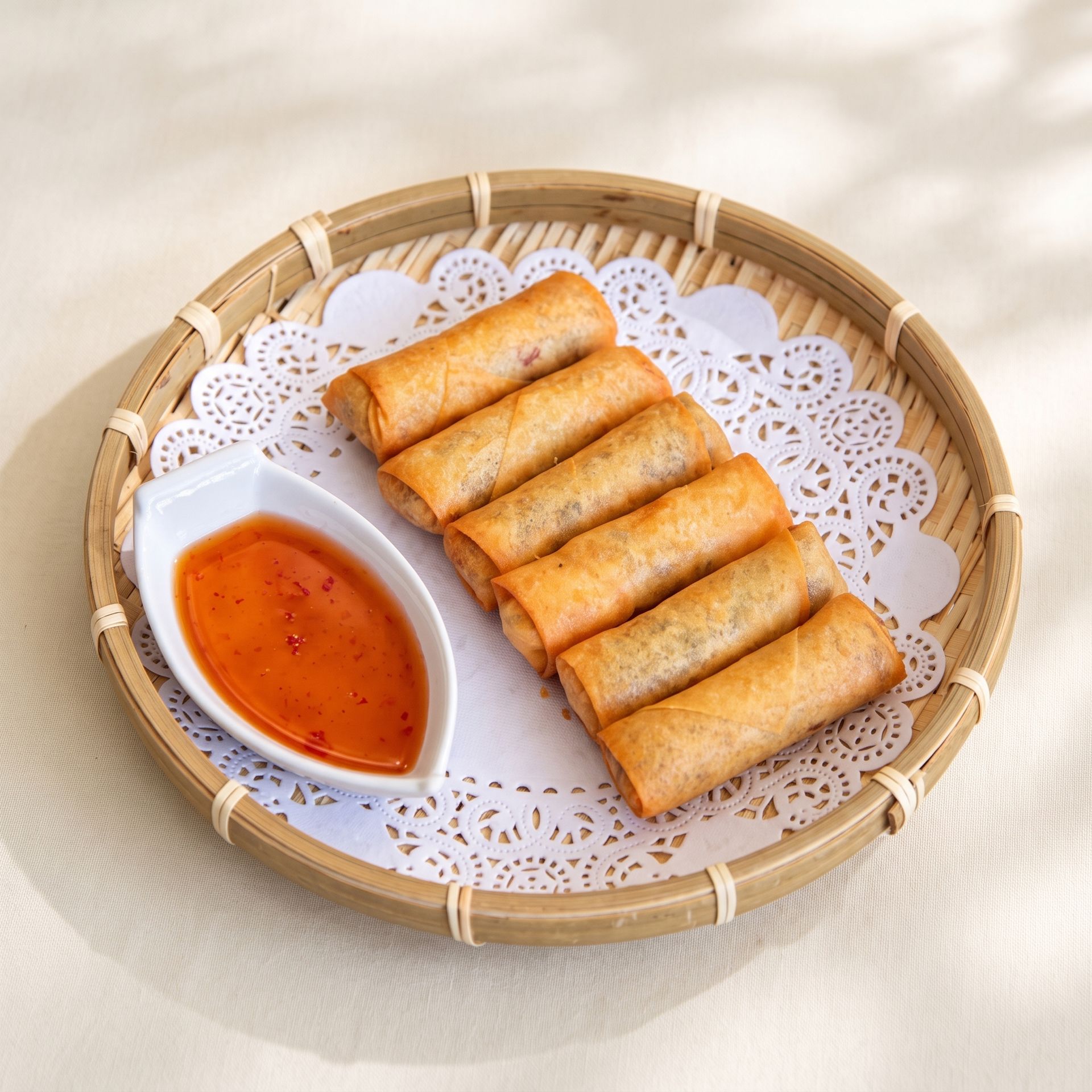 Spring rolls with dipping sauce in a woven basket, served on a doily.