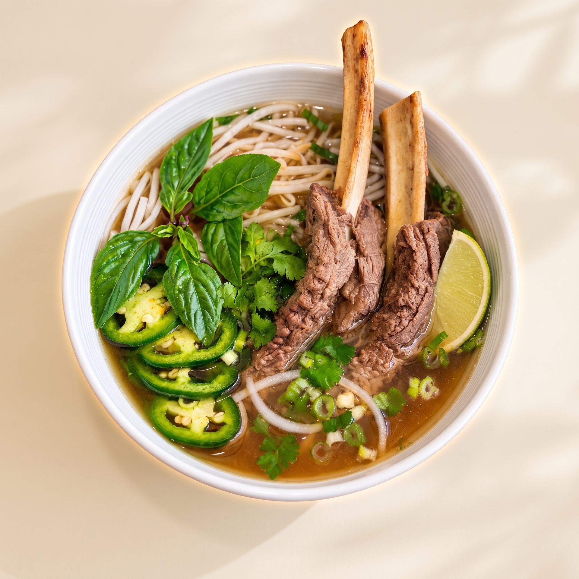 Bowl of pho with beef ribs, noodles, herbs, jalapeños, and lime on a light table