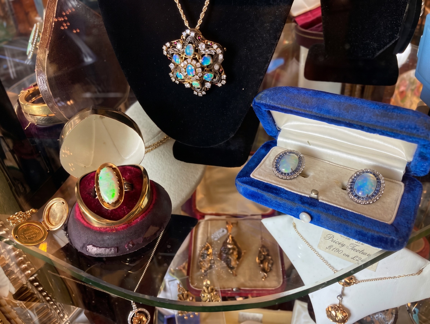 Jewelry display with rings, earrings, and a turquoise pendant on black stands and glass shelves