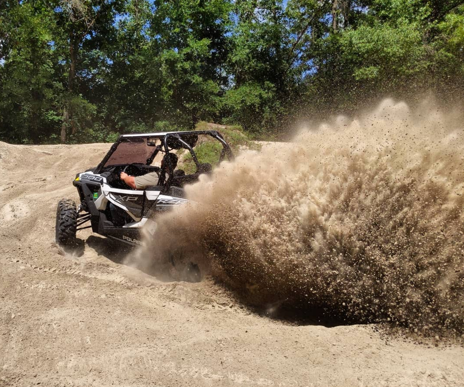 a person is driving a buggy on a dirt road .
