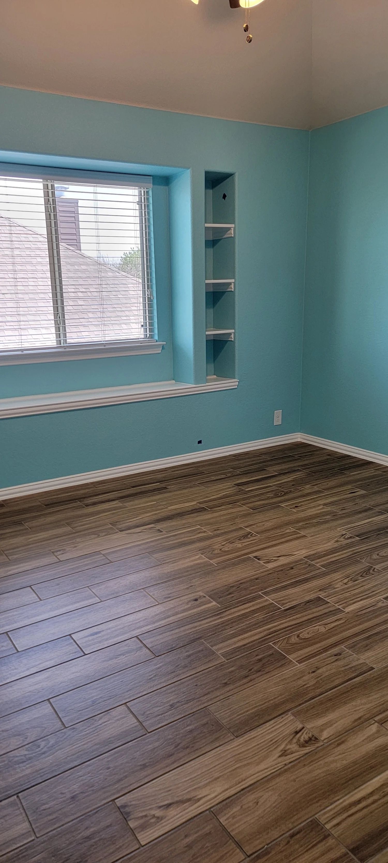 Room with teal walls, wood-look floor, window, and built-in shelves.