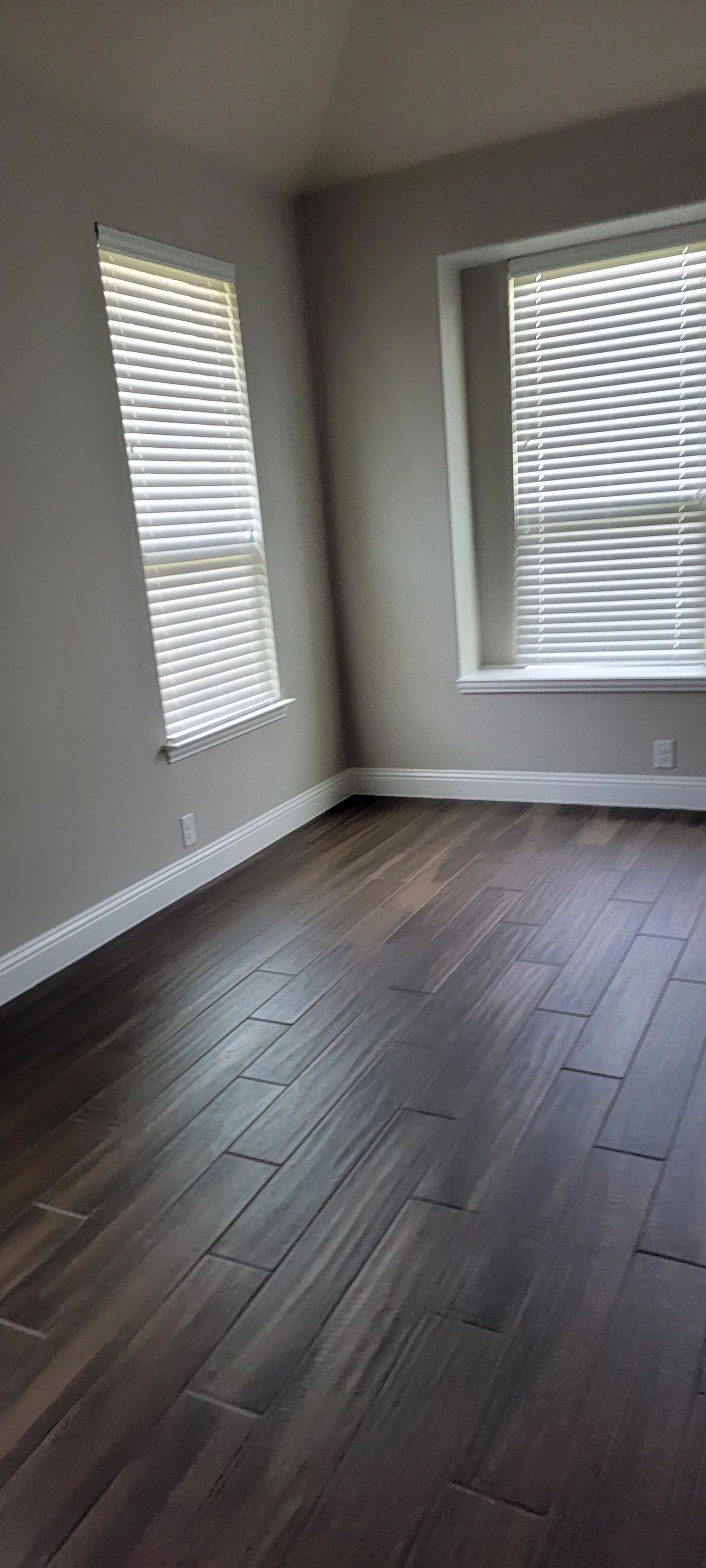 Empty room with dark wood floors, gray walls, white trim, and two windows with blinds.