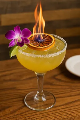 Flaming margarita in a glass, with a lime wedge, orchid, and a sugared rim.