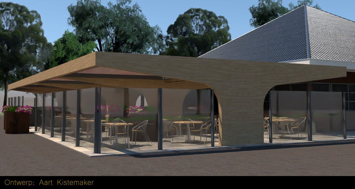 Vrijstaand en rondom open, Deze T-build overkapping met 8 lamellendaken. 12mtr. diep en18mtr. breed. Een zeer uniek ontwerp van Smallworx Sales & Service.