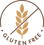 Emblema del grano senza glutine in marrone e oro con una barra diagonale e testo
