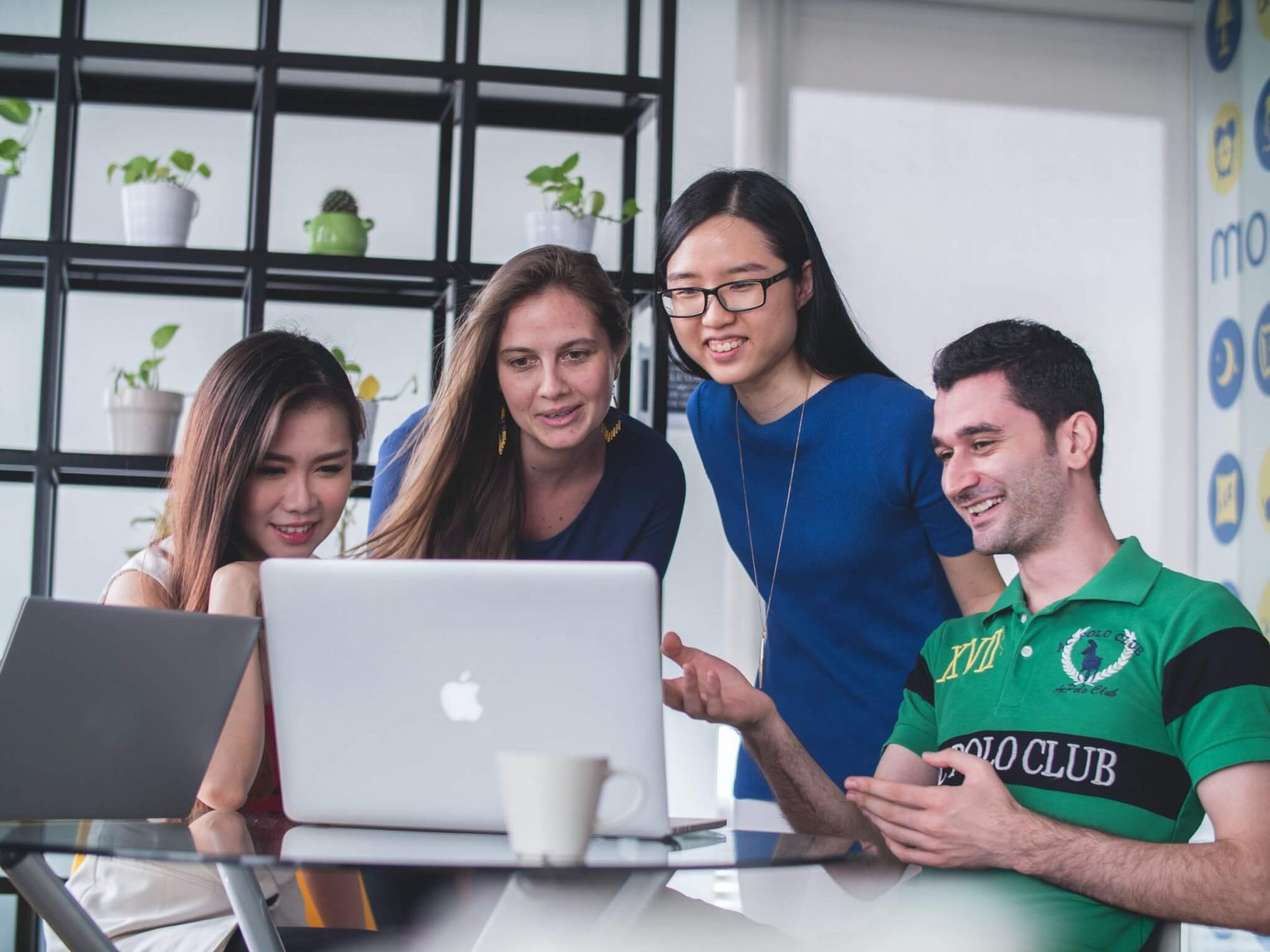 Quatro pessoas olhando para um laptop, sorrindo. Ambiente de escritório com plantas e uma prateleira.
