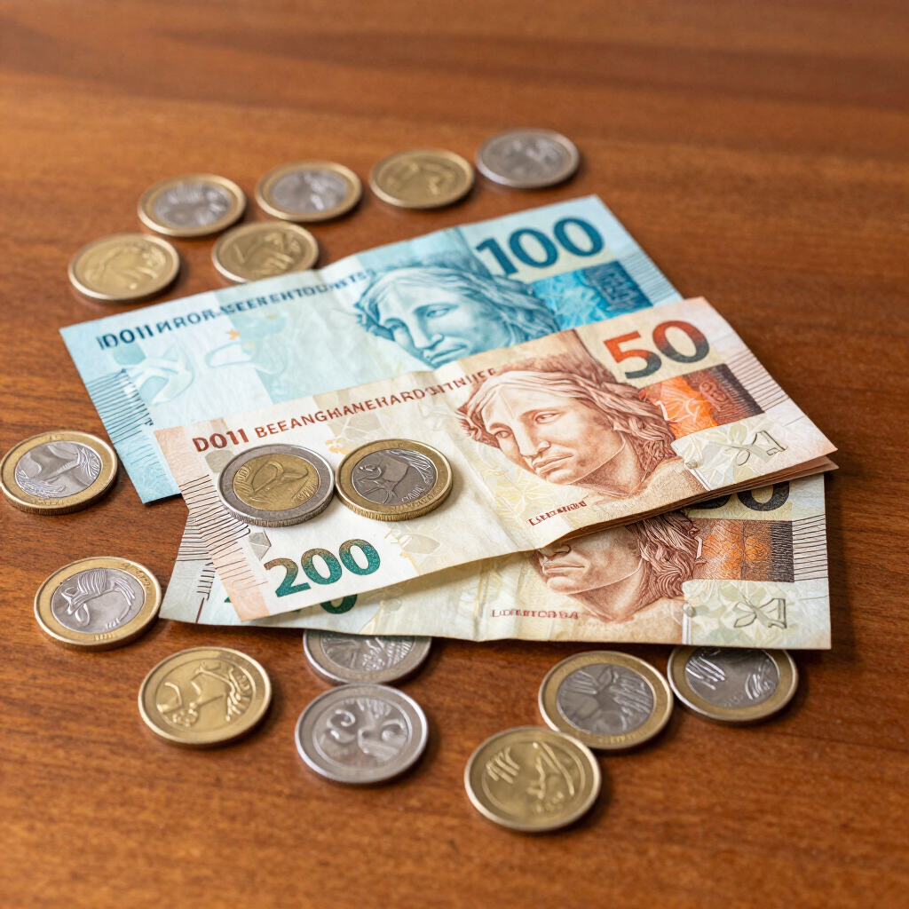 Assorted euro banknotes and coins scattered on a wooden table.