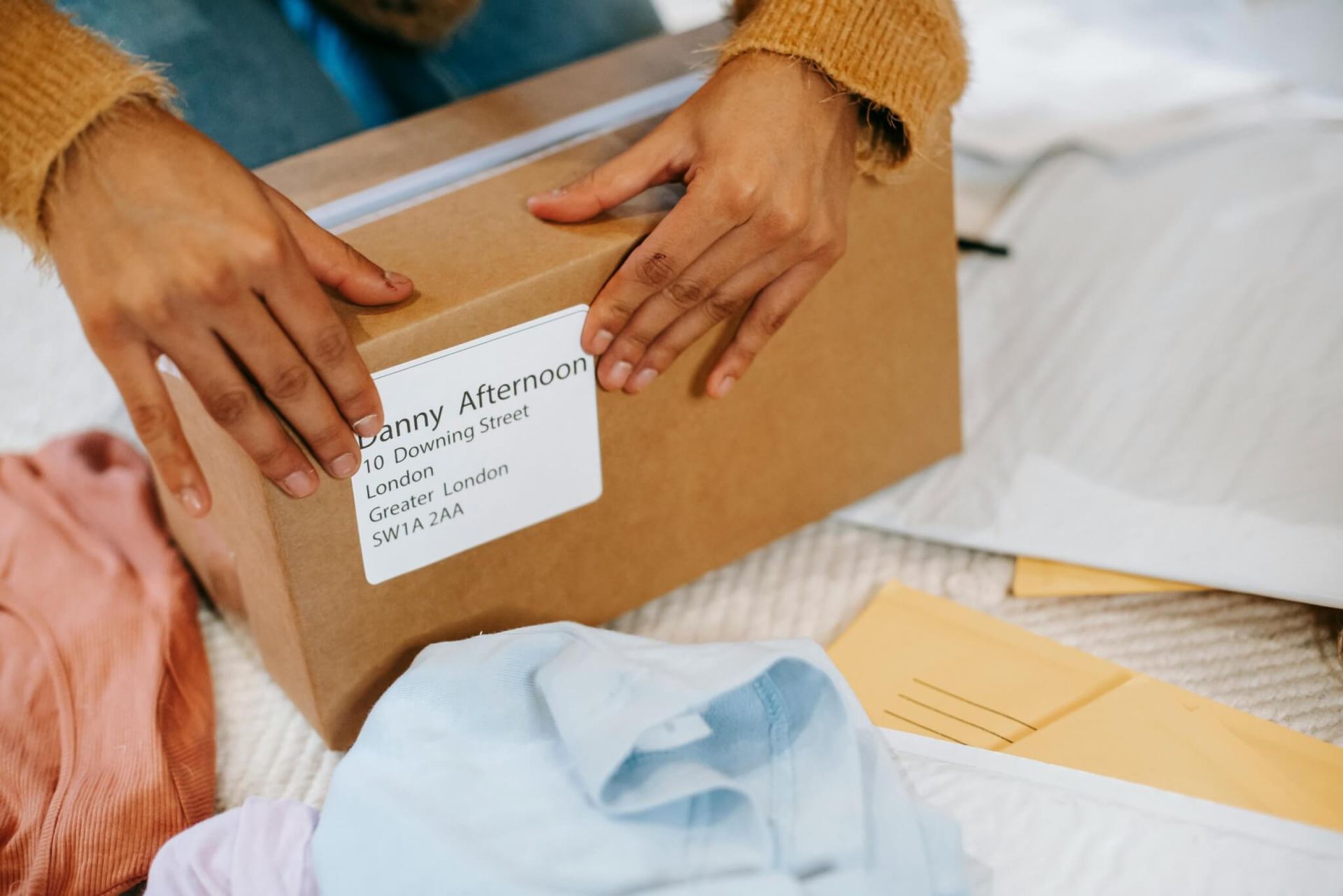 Mãos selando uma caixa de papelão com uma etiqueta de envio. Roupas e envelopes estão próximos.