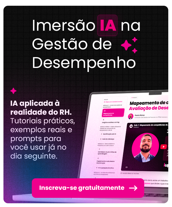 Imersão de IA na Gestão de Desempenho Banner roxo e preto sobre IA na gestão de desempenho, com botão rosa “Inscreva-se gratuitamente”