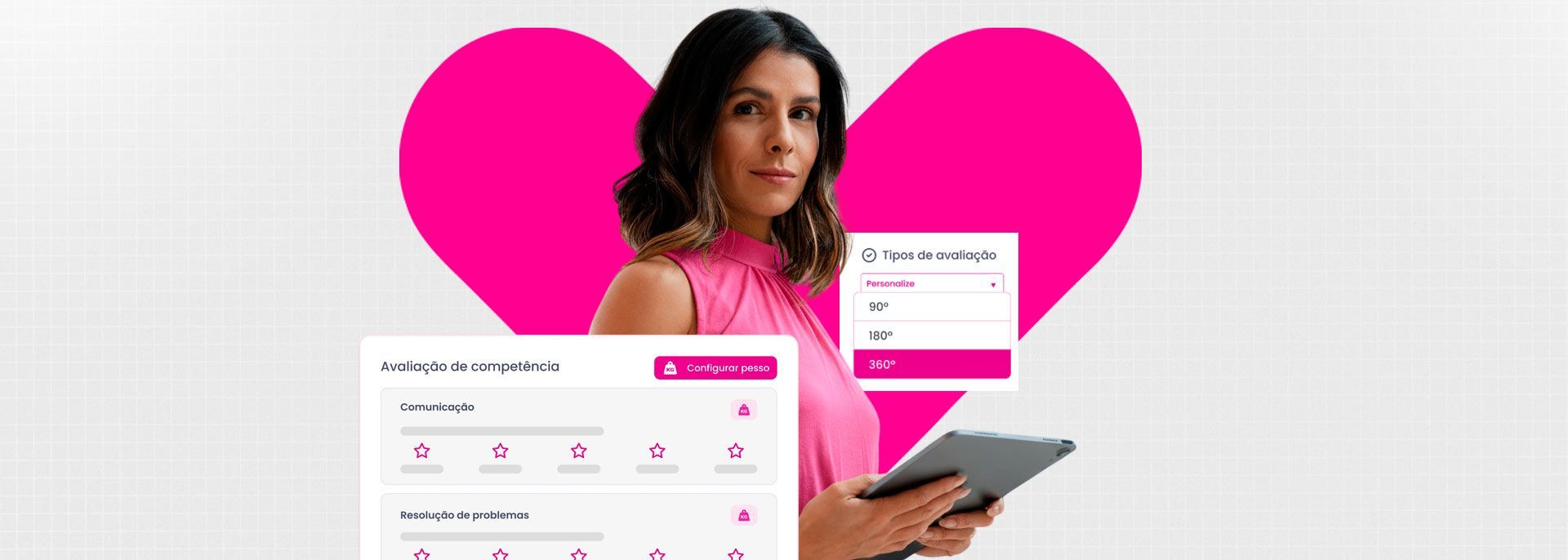 Mulher segurando um laptop ao lado de imagens de corações rosa brilhantes e maquetes de sites flutuantes.