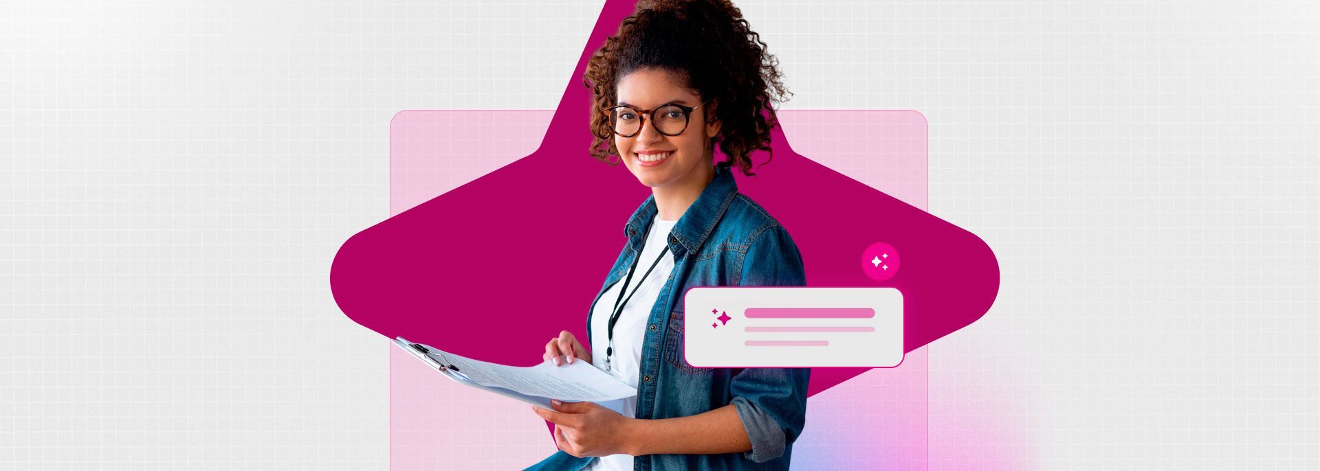 Pessoa com cabelo encaracolado segurando um laptop em frente a um fundo gráfico magenta.