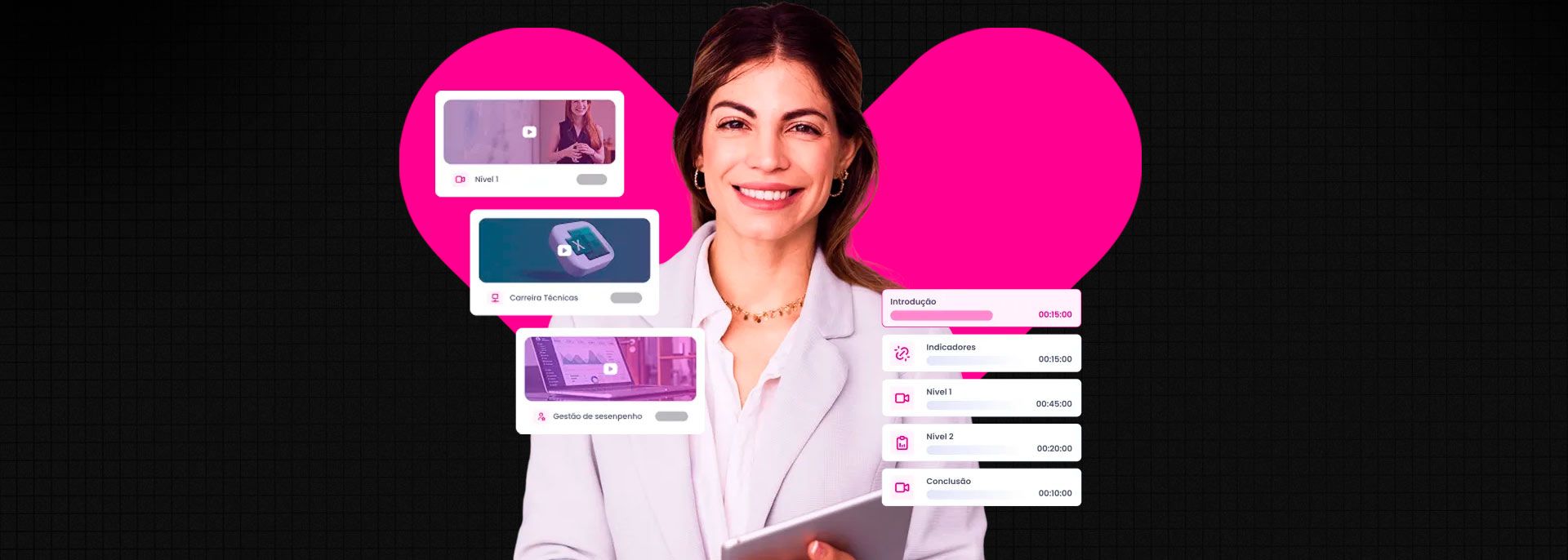 Mulher sorridente ao lado de painéis de interface digital e círculos rosa sobre um fundo quadriculado preto.