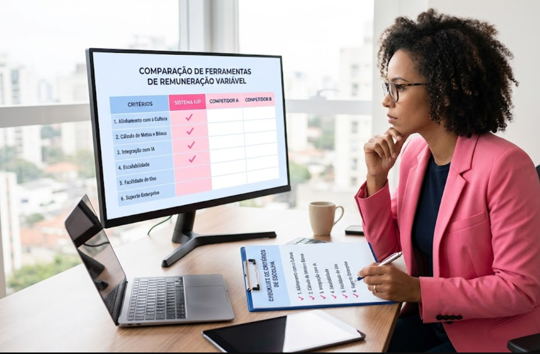 Mulher profissional analisando uma planilha em um monitor de computador, sentada à mesa com um laptop e um caderno.