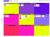 Grade colorida em formato de calendário com blocos de eventos em roxo, rosa, amarelo e azul, e pequenas etiquetas de perfil.