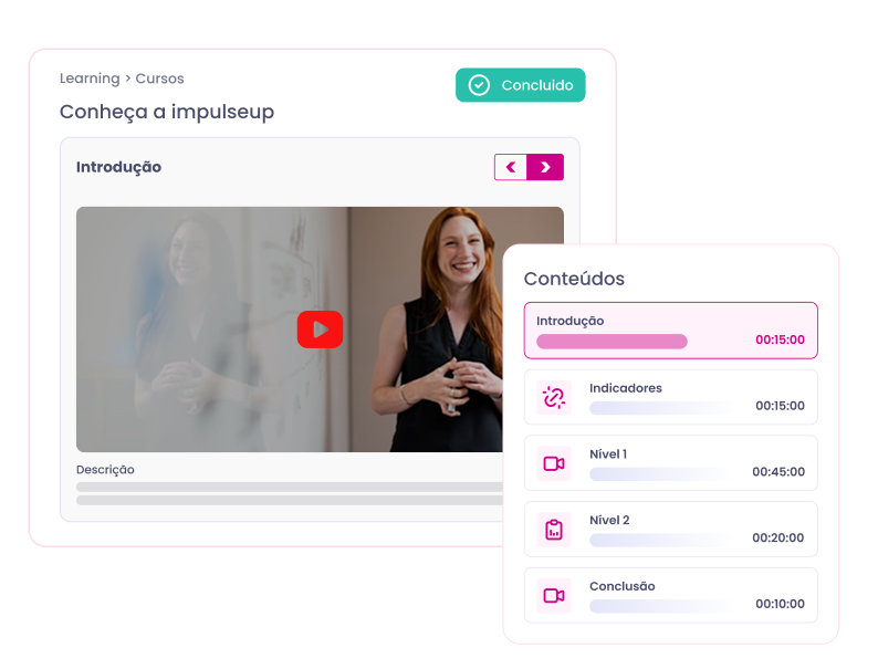 Painel de controle do site com pré-visualização em vídeo e sobreposição de cartão de contato rosa.