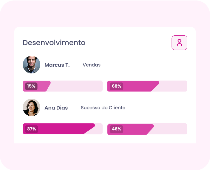 Painel “Desenvolvimento” com dois perfis e barras de progresso em rosa e lilás.