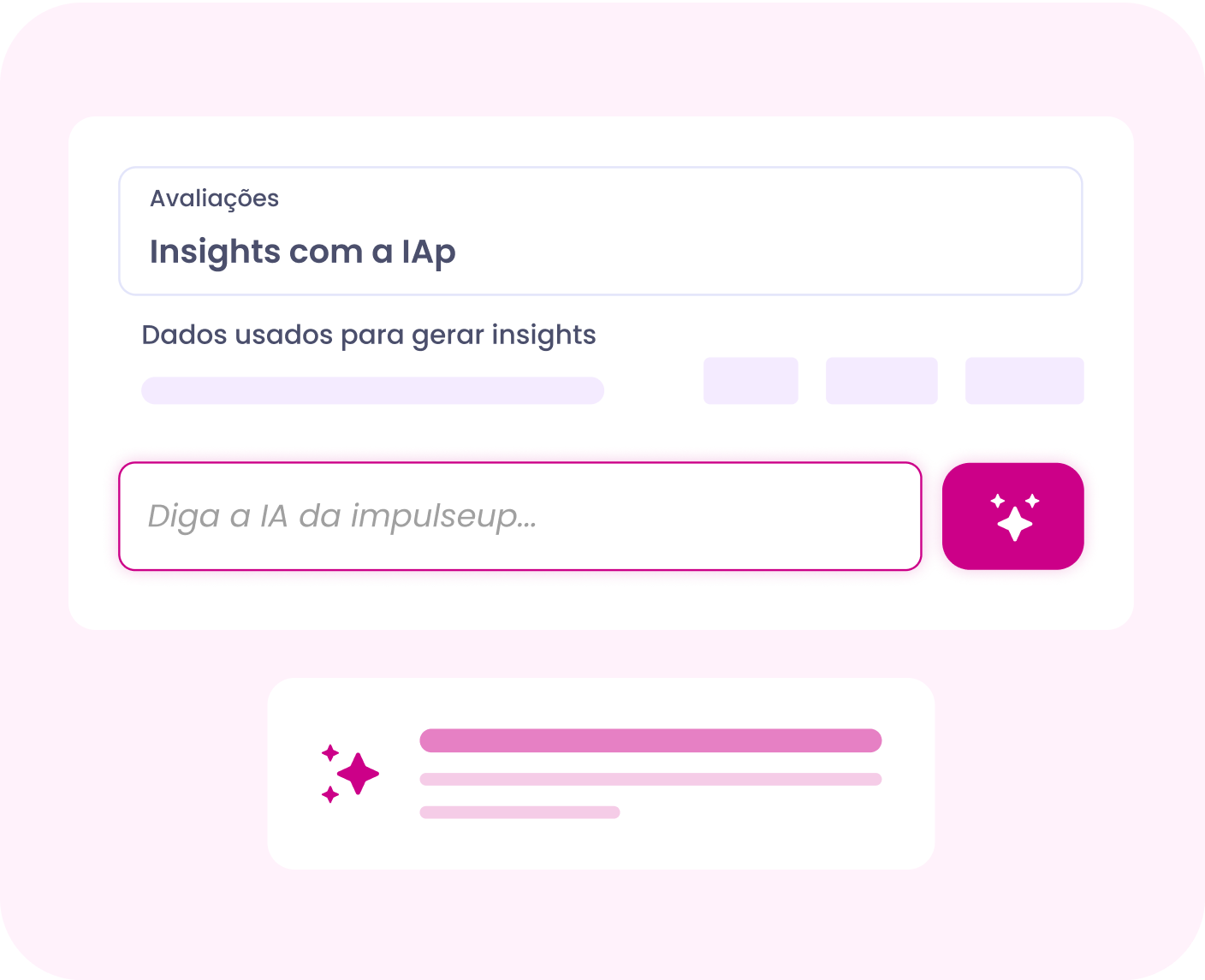 Painel de controle do aplicativo em rosa claro com um cartão branco e uma barra de pesquisa.