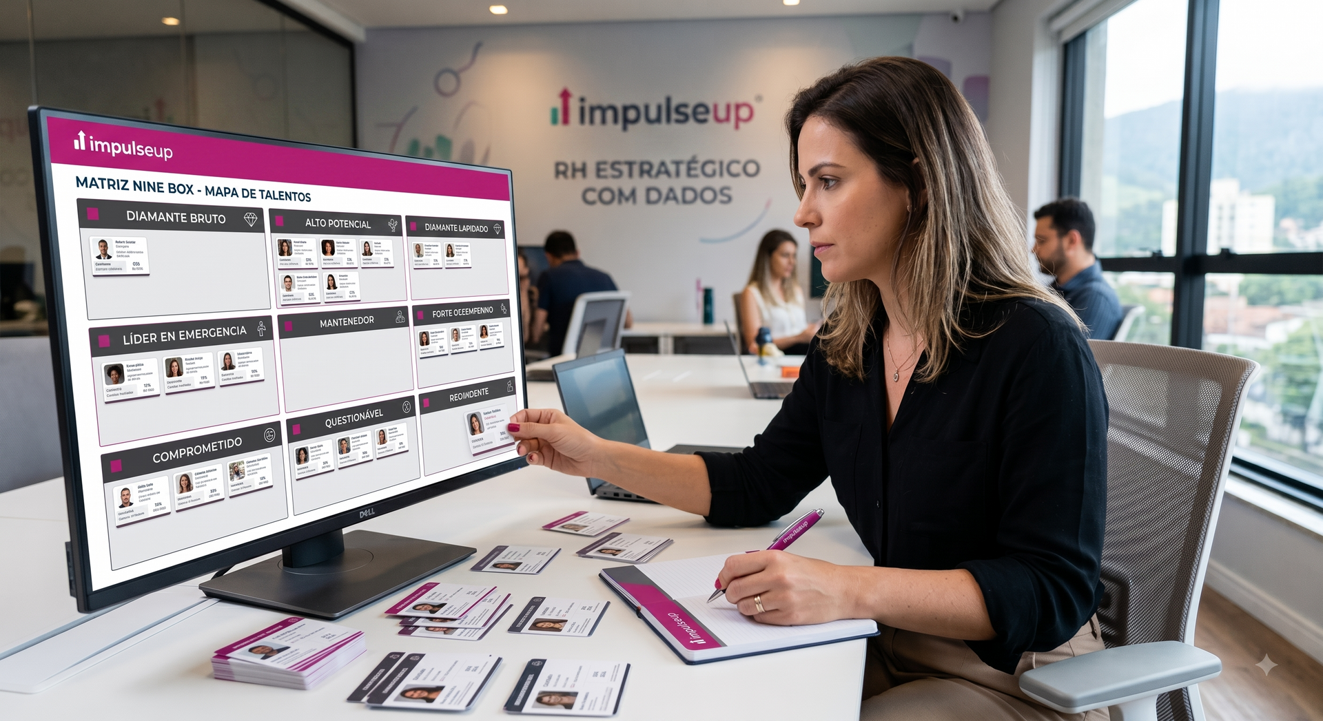 Mulher analisando um painel digital em um grande monitor em uma mesa de evento empresarial, segurando folhetos e uma caneta.