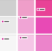 Grade 3x3 de amostras de cores do cinza ao rosa, com pequenas etiquetas magenta e pretas em cada peça.
