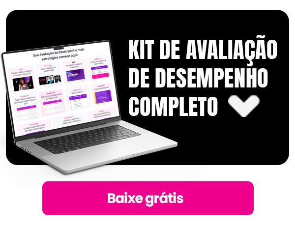 Laptop promocional com “Kit de avaliação de desempenho completo” e botão rosa “Baixe grátis”