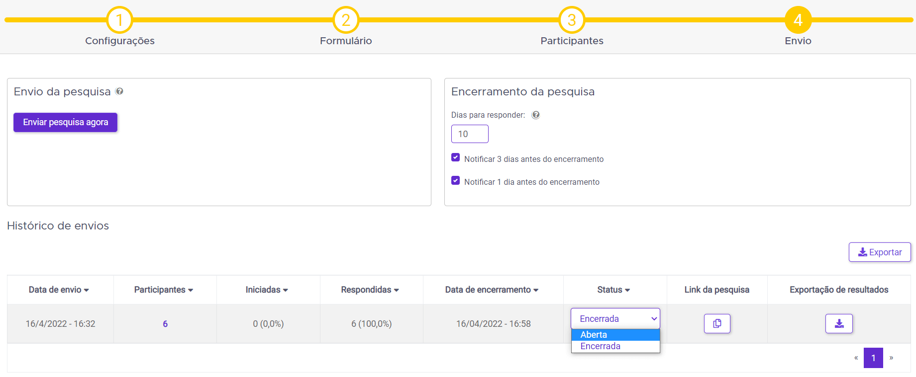 Painel web com layout branco, barra de progresso passo a passo e tabela de dados com botões de ação e menu suspenso azul.
