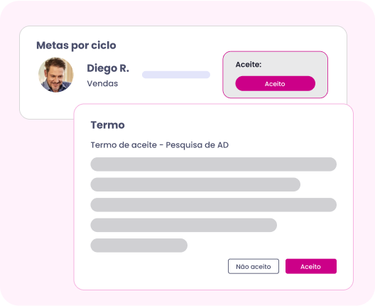 Tela de metas com cartão “Termo” aberto, botões rosa “Aceito” e “Não aceito” e perfil de Diego R.