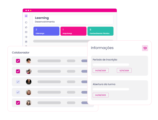 Interface da plataforma de aprendizagem com detalhes em rosa e recursos de rastreamento de funcionários.