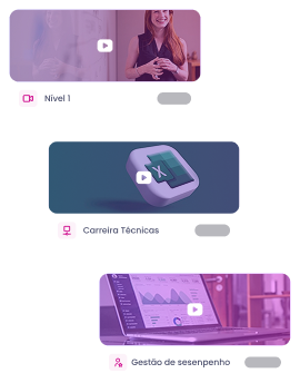 Menu de treinamento com três opções, miniaturas roxas, ícones de reprodução de vídeo e rótulos em português.