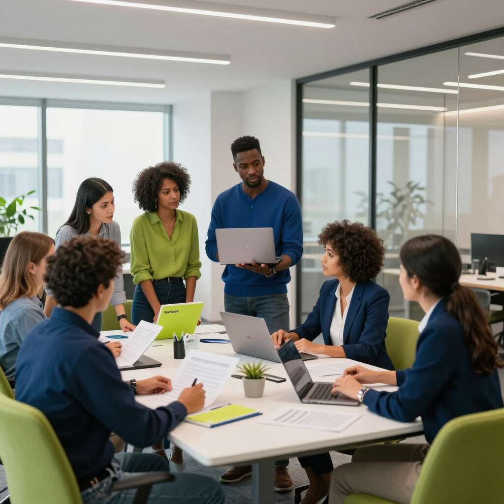 Team meeting around a white table in a bright glass-walled office, with laptops, papers, and a presenter standing.