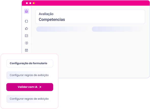 Tela de configuração com menu lateral e botão rosa “Visualizar conta” aberto sobre a página de avaliações.