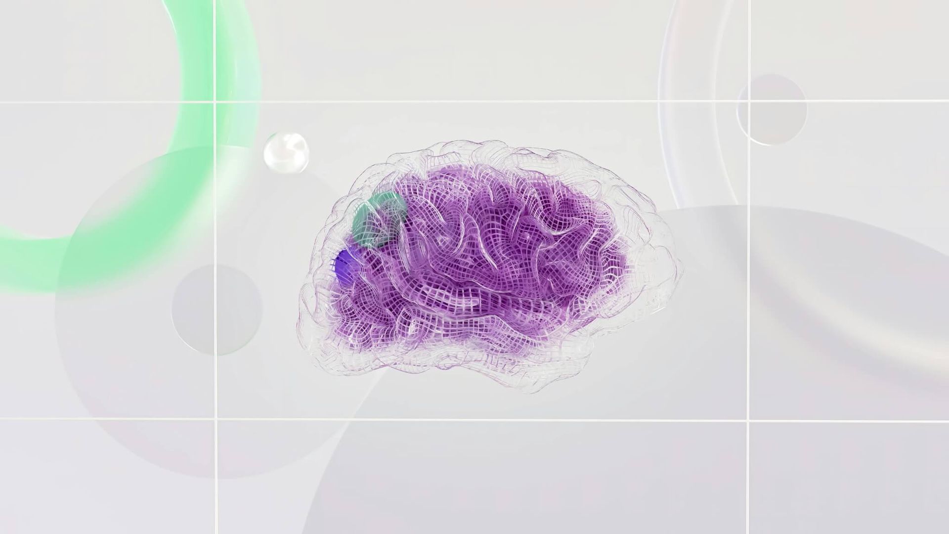 Gráfico de cérebro roxo com detalhes em verde e branco, sobre uma grade cinza claro.