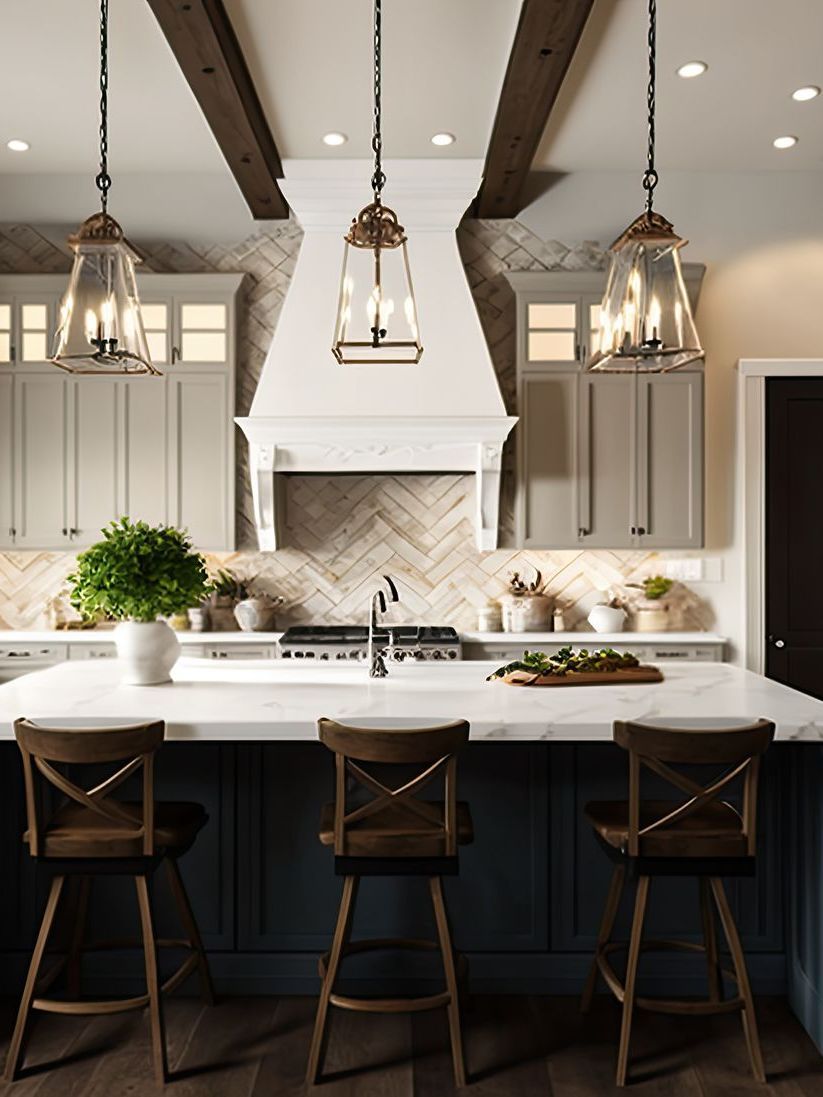 Modern kitchen with white cabinets, dark island stools, pendant lights, and a marble range hood