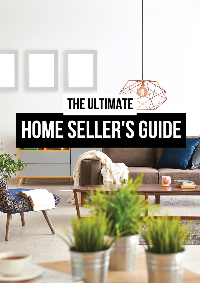 Cover for “The Ultimate Home Seller’s Guide” over a modern living room scene