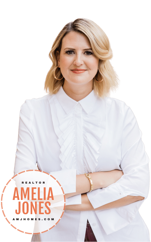 Portrait of Amelia Jones in a white blouse with arms crossed and a circular name logo at bottom left