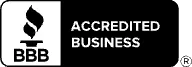 BBB Accredited Business logo in black and white with torch icon and text.