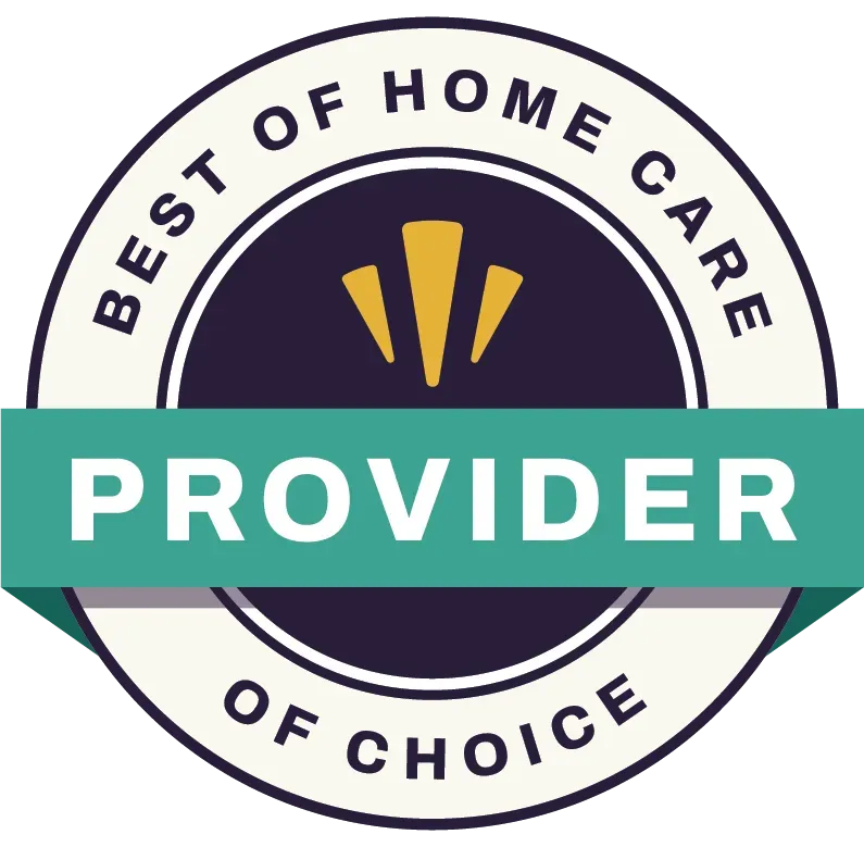 Best of Home Care Provider of Choice award badge, teal and gold accents on white and dark blue.