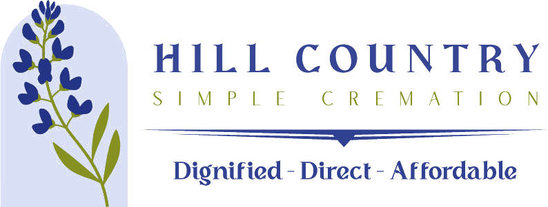 Hill Country Simple Cremation logo with blue flowers and slogan “Dignified - Direct - Affordable”