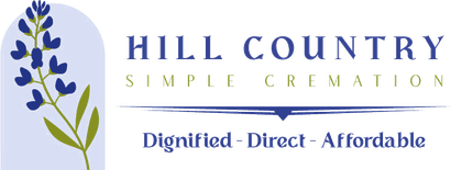 Hill Country Simple Cremation logo with blue flowers and slogan “Dignified - Direct - Affordable”