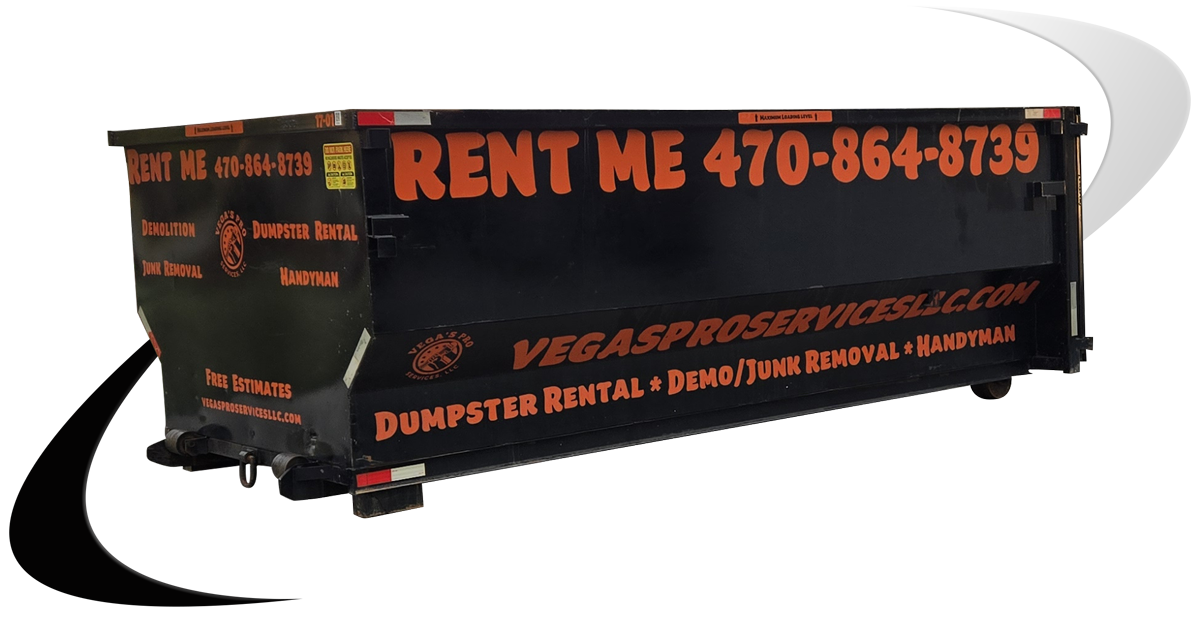 Black dumpster with orange text that says