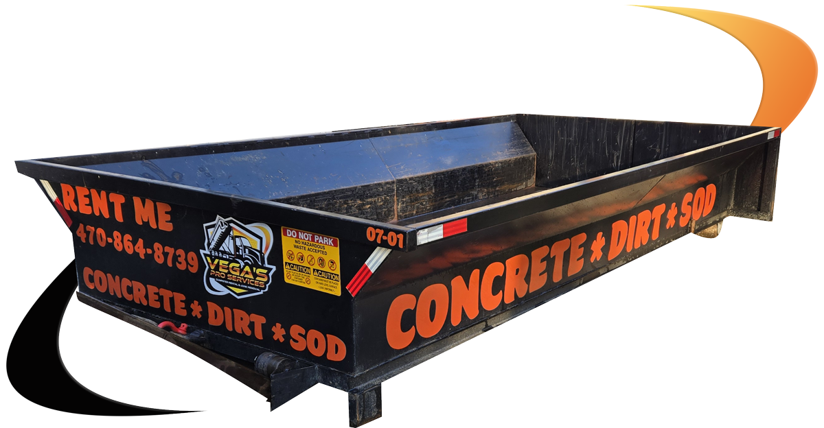 Black dumpster with orange text: