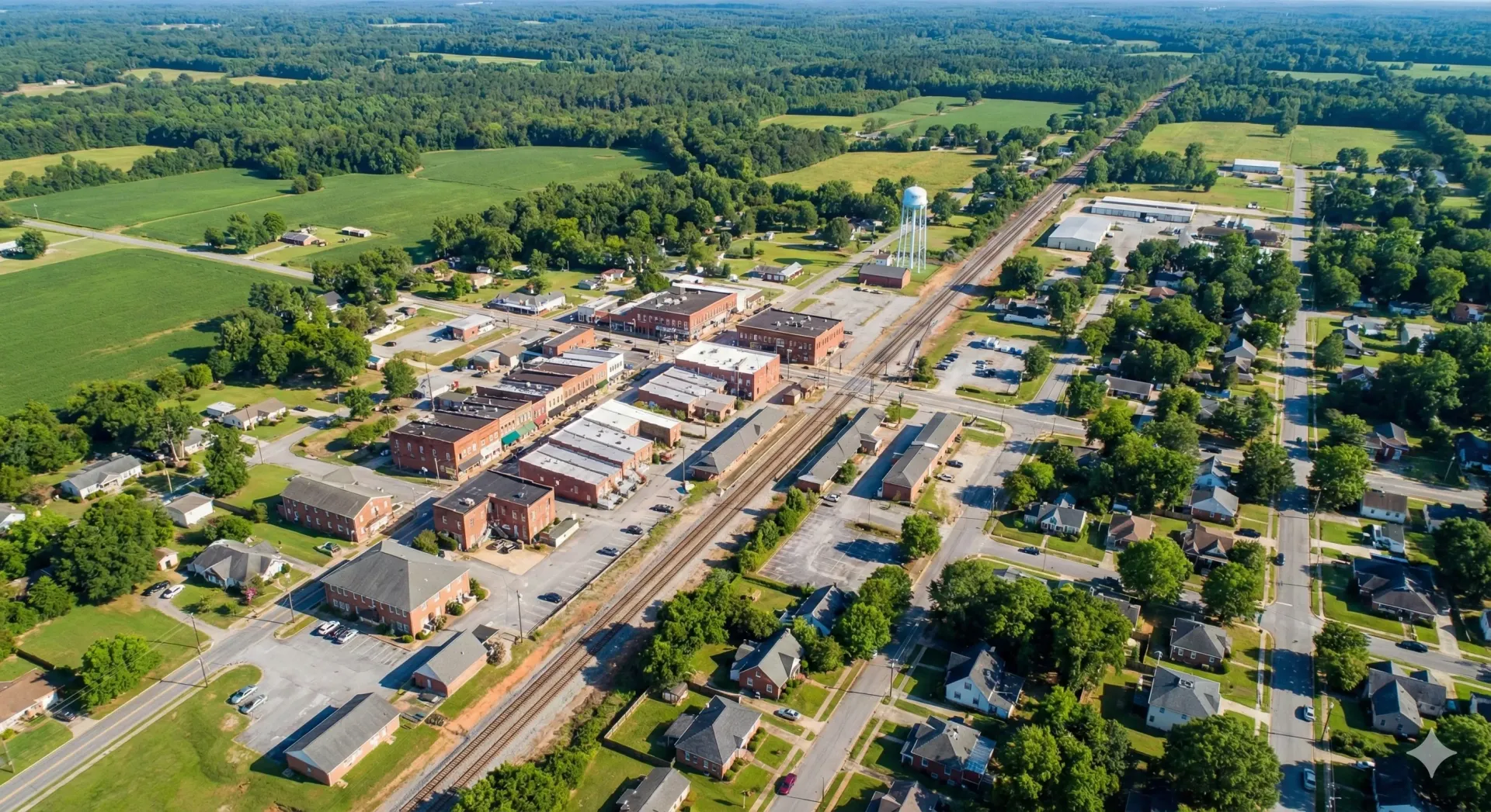 Aerial view of a small town with brick buildings, railroad tracks, and surrounding green fields and trees.
